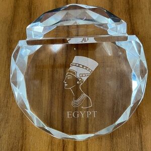 GLASS Faceted Paperweight Business Card Holder Egypt Queen Nefertiti Engraved
